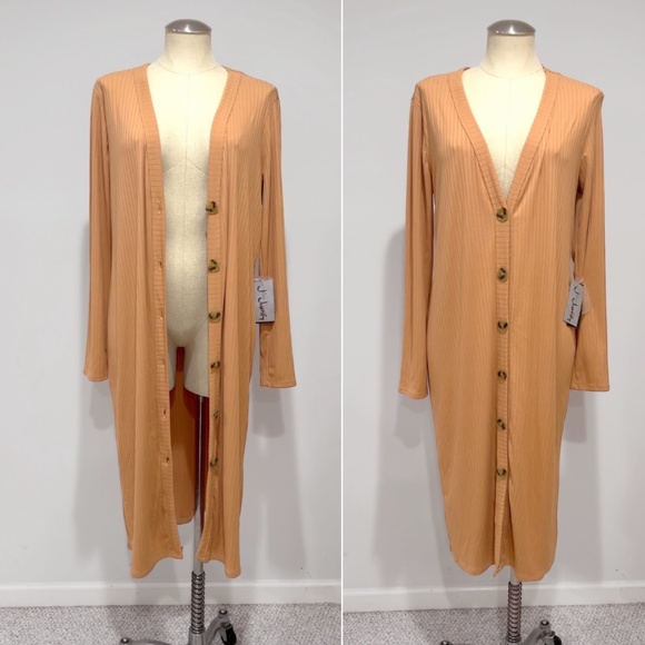 J For Justify Women's Camel Ribbed Long Sleeve Button Up Maxi Cardigan Size XL - Picture 1 of 8